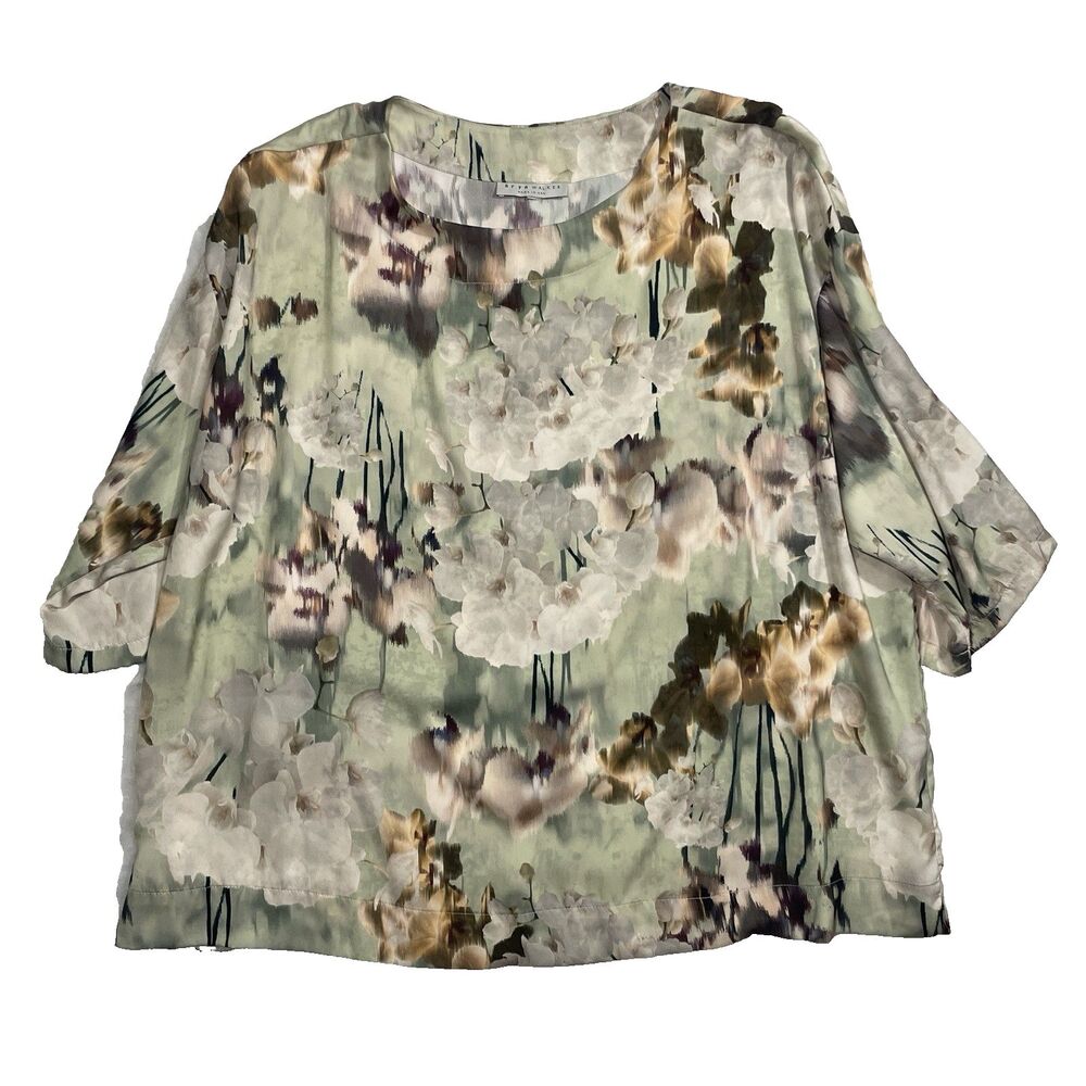Bryn Walker Abstract Floral Blouse L Made in USA Italian Polyester Fabric Large
